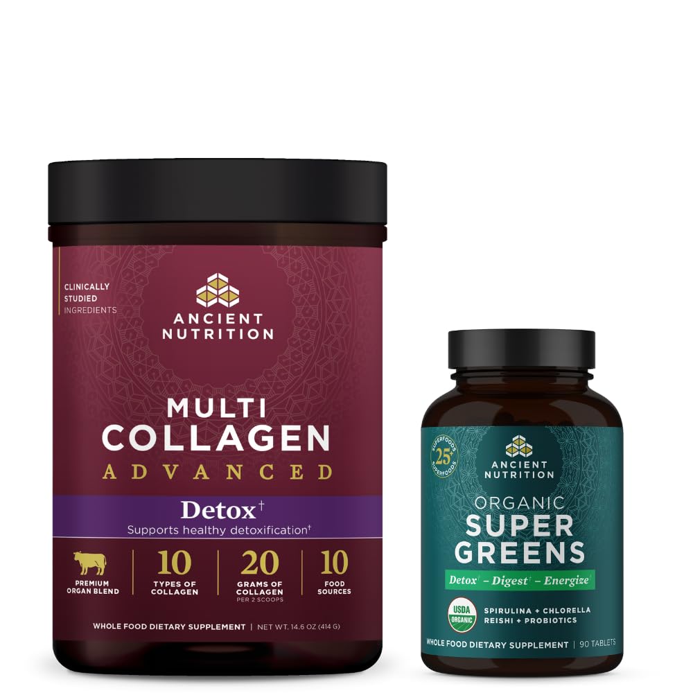 Ancienne nutrition Multi collagène avancé de nettoyage de poudre et de désintoxication, non aromatisé, 36 portions + Comprimé biologique Super Verts 90 Compte