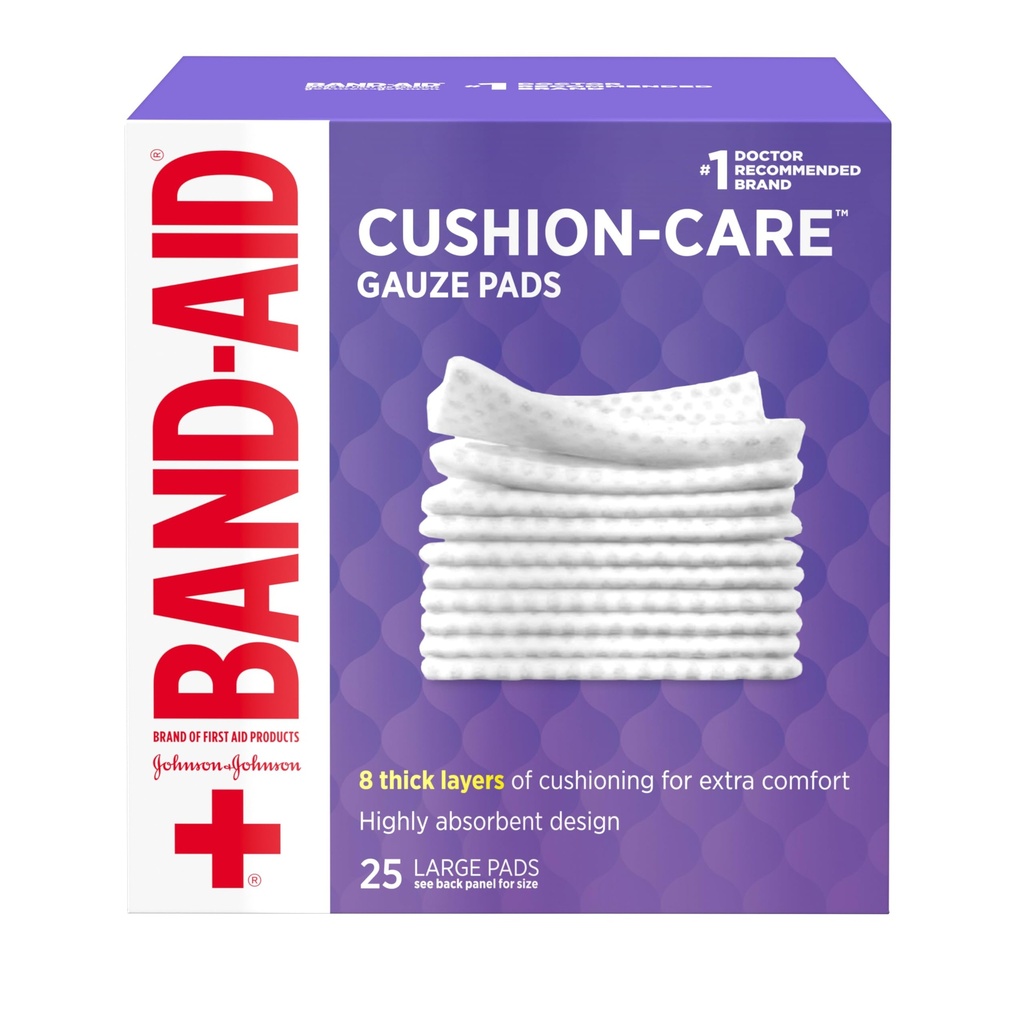 Bande-Aid marque Absorbent Coussin Care Steril Square Gauze Pads pour la protection des premiers soins des coupures mineures, des éraflures et des brûlures, non adhésifs, couvre-vêtements, grand, 4 po x 4 po, 25 ct