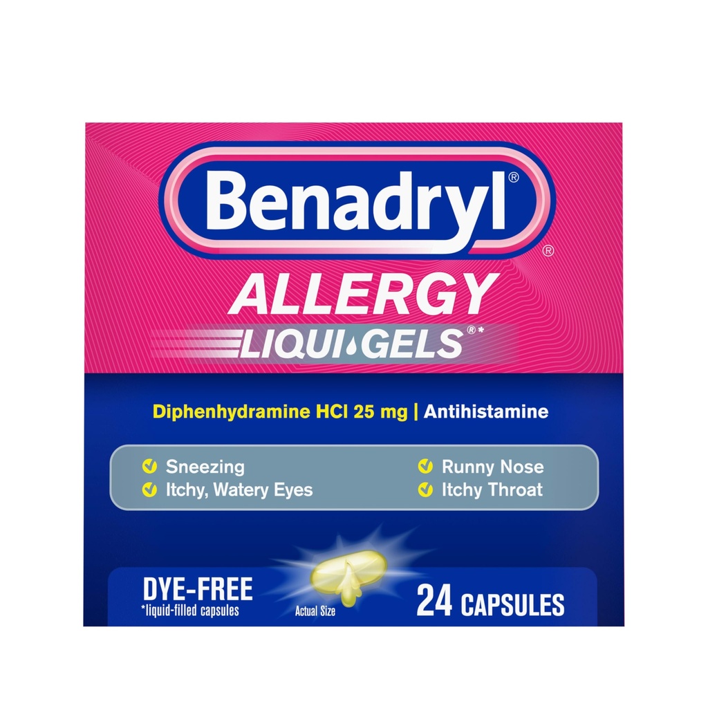 Benadryl Liqui-Gels Allergy Medicine, Dye-Free Liquid Gel Kapseln mit 25 mg Diphenhydramin HCl Antihistamin für Relief von Allergy & Kalt Symptome wie Runny Nose & Sneezing, 24 ct