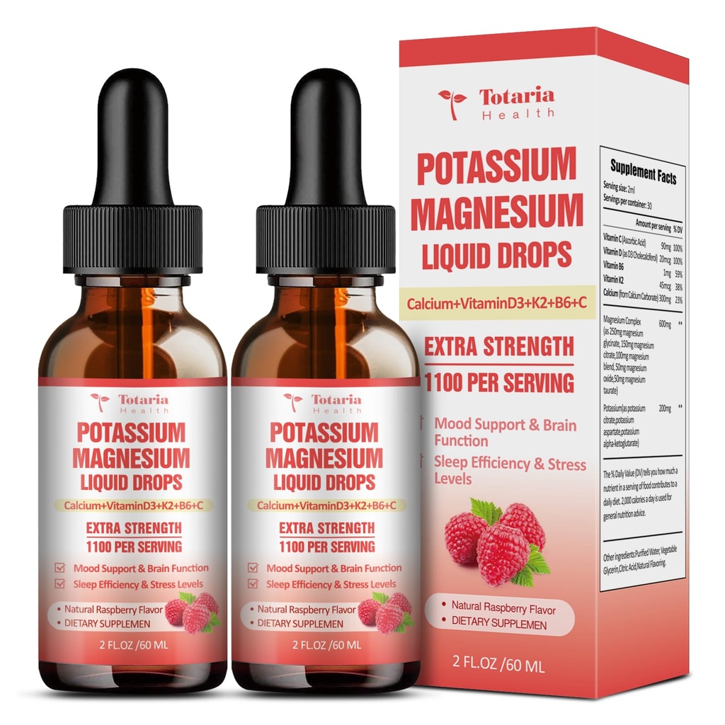 Kalium-Magnesium-Ergänzung Flüssigkeitstropfen - Hohe Absorption Kalium-Ergänzung mit Magnesium, Kalzium, Vitamin D3 K2, Vegan, Non-GMO-Kalium-Unterstützung Leg Cramps, Knochen, Muskel - 4 Fl oz