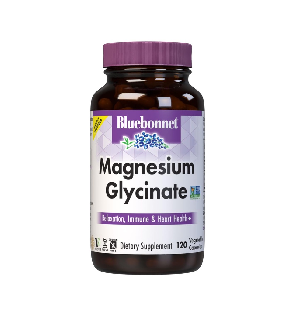 Bluebonnet Nutrition Magnesium Glycinate 400mg Maximum Absorption Mineral Complex unterstützt Energieproduktion & Enzym Funktion - Non-GMO, Soy-Free, Gluten-Free - 120 Veggie Kapseln