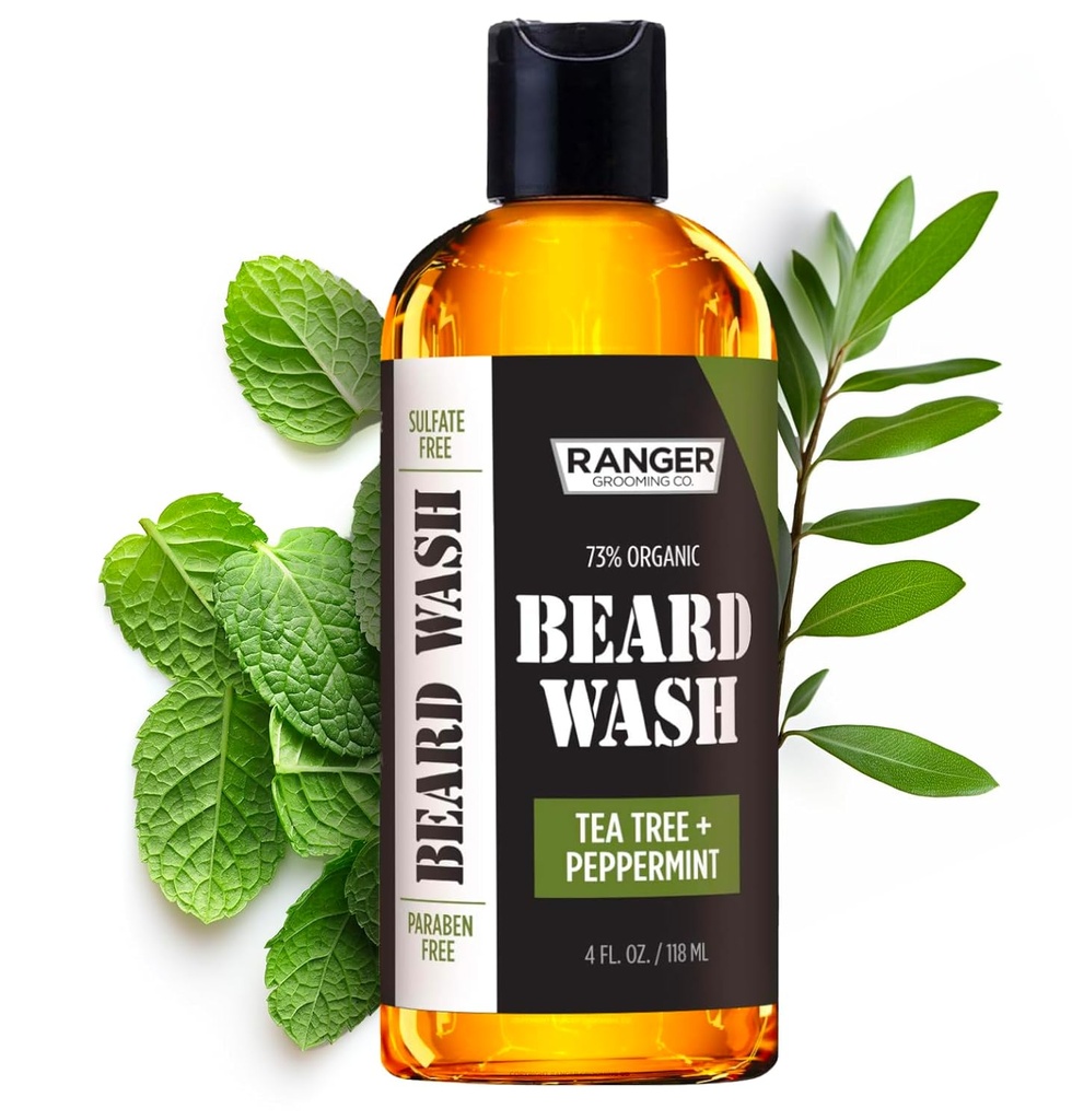 Leven Rose Beard Wash Shampoo von Ranger Grooming Co, Sulfate Free Natural Beard Cleanser & Conditioner für Männer, Teebaum & Pfefferminz für Wachstum & Verdickung, Paraben Free 4 oz