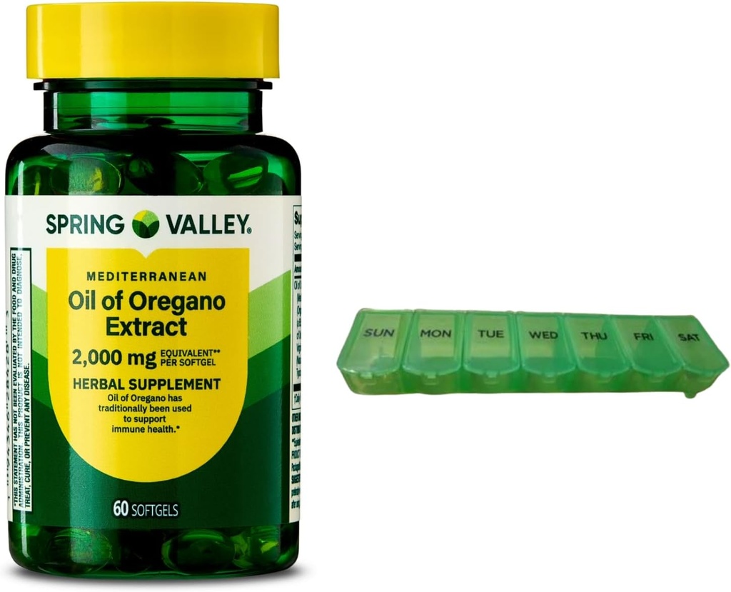 Frühlingstal Mittelmeeröl von Oregano 2000 mg 60 Softgels für Immungesundheit mit Pill Organizer