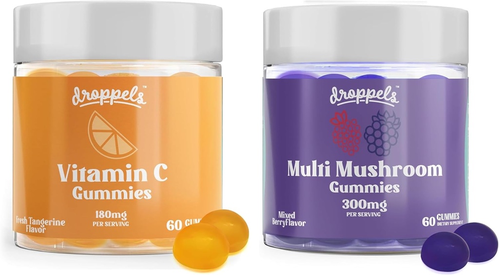 Droppels Multi Pilz & Vitamin C Gummis Bundle | Vegan Immununterstützungsergänzung | Pilzextrakte mit Reishi, Lion’s Mane, Chaga & More + 180mg Vitamin C | Gemischte Beeren & Tangerine Flavors, 2