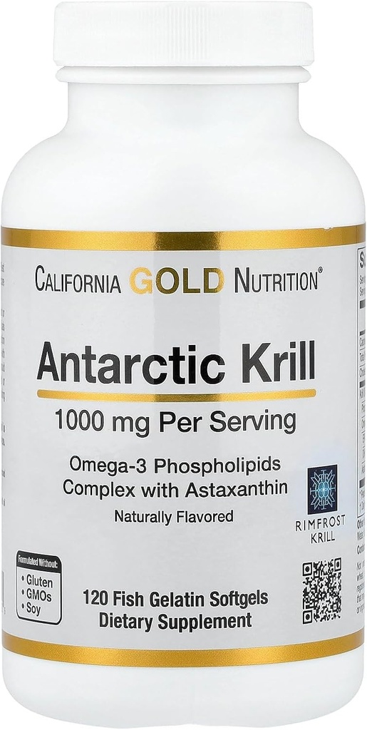 California Gold Nutrition Antarctic Krill Oil, Omega-3 Phospholipide mit natürlich säubernden Astaxanthin, Natürliche Erdbeere & Zitronen Geschmack, Non GMO, 1000 mg, 120 Fisch Gelatine Softgels