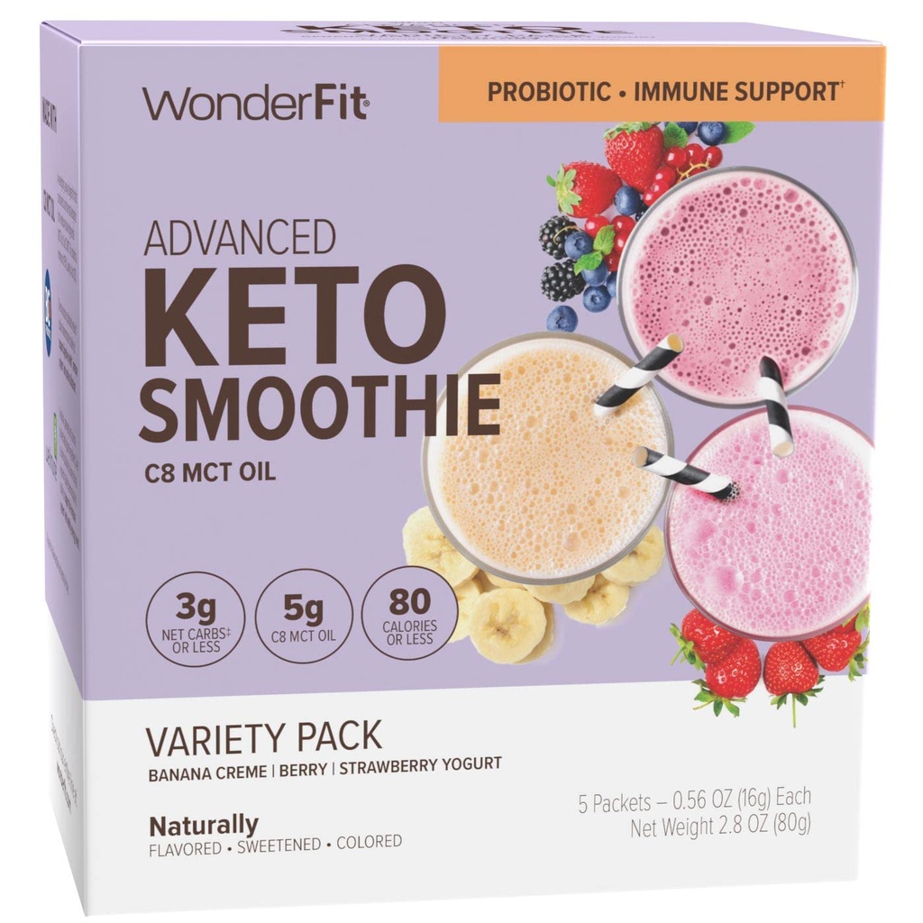WonderFit von WonderSlim Keto Smoothie mit C8 MCT Öl, Variety Pack, 1-3g Net Carbs, Glutenfrei, Probiotic & Immune Support (5ct)