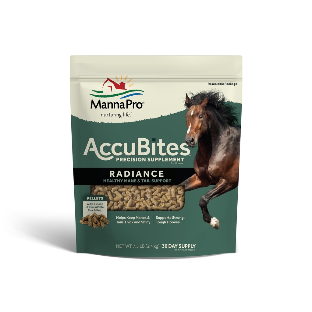 Manna Pro AccuBites Radiance Equine Supplement – Skin & Coat, Essential Vitamins & Hoof Health für Pferde – Verpackt mit Omega 3, 6, & Biotin – Main & Tail Maintenance – Alfalfa Flavored – 7,5 lbs