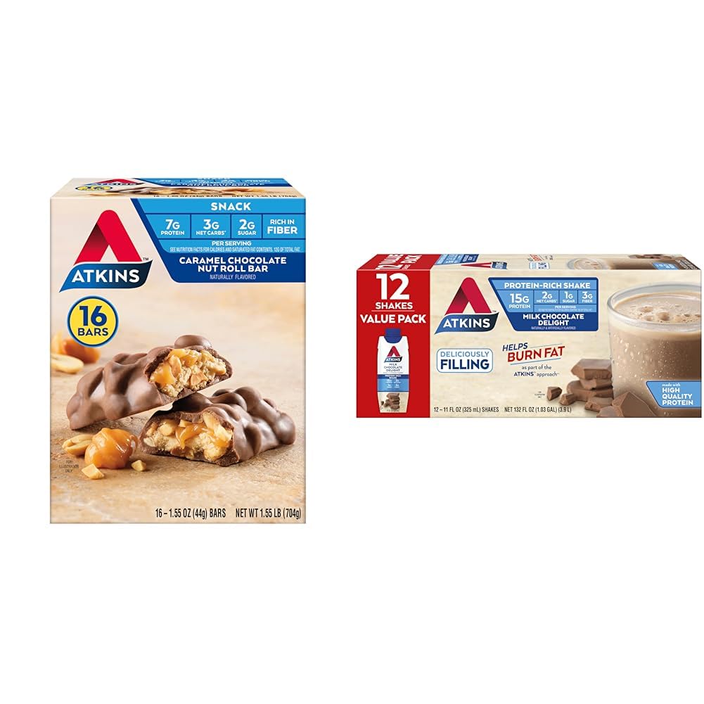 Atkins Caramel Chocolate Nut Roll Snack Bar, Protein Snack, Haute en fibre, 2g de sucre, 16 Compte et lait Chocolate Délice de protéines Shake, 15g de protéines, faible glycémie