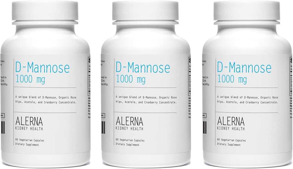 D-Mannose 1000 mg - Santé urinaire - avec concentré de canneberges, HIPS de rose biologique, extrait d'acérola - 60 capsules végétariennes (paquet de 3)