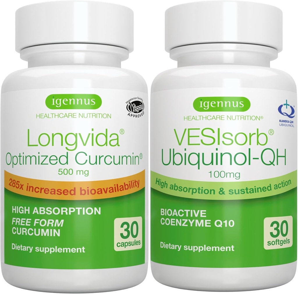 Longvida Curcumin 500mg + VESIsorb Ubiquinol-QH Advanced CoQ10 100mg Bundle, Ultra Bioverfügbares Curcumin mit Bioverfügbarkeit & Fast-Acting Ubiquinol, von Igennus