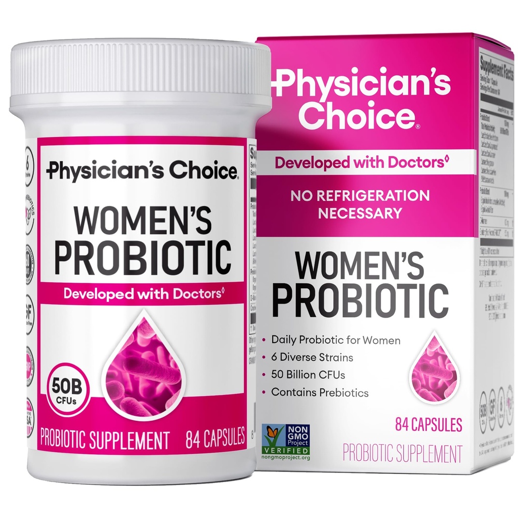 Choix du médecin Probiotiques pour les femmes - PH Balance, Digestive, UT et santé féminine - 50 milliards CFU - 6 souches uniques pour les femmes - Prébiotiques biologiques, Extrait de canneberge+ - Probiotiques pour les femmes - 84 CT
