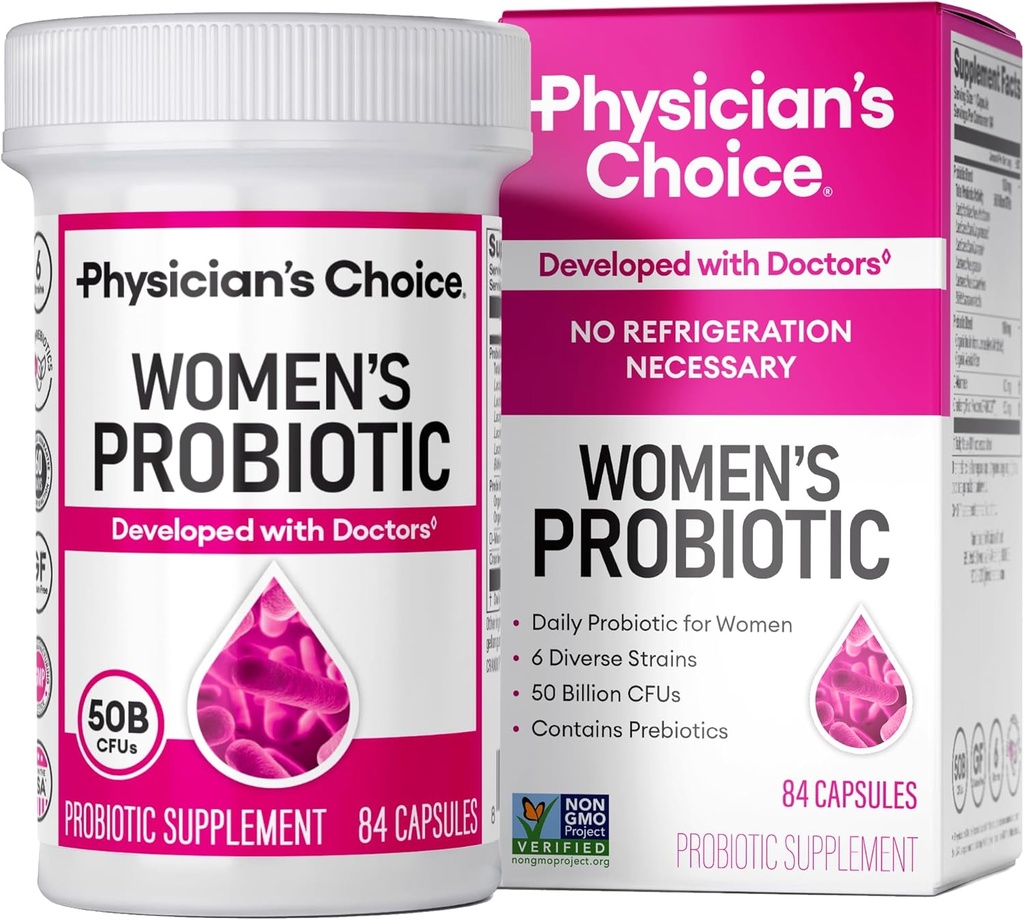Choix du médecin Probiotiques pour les femmes - PH Balance, Digestive, UT et santé féminine - 50 milliards CFU - 6 souches uniques pour les femmes - Prébiotiques biologiques, Extrait de canneberge+ - Probiotiques pour les femmes - 84 CT