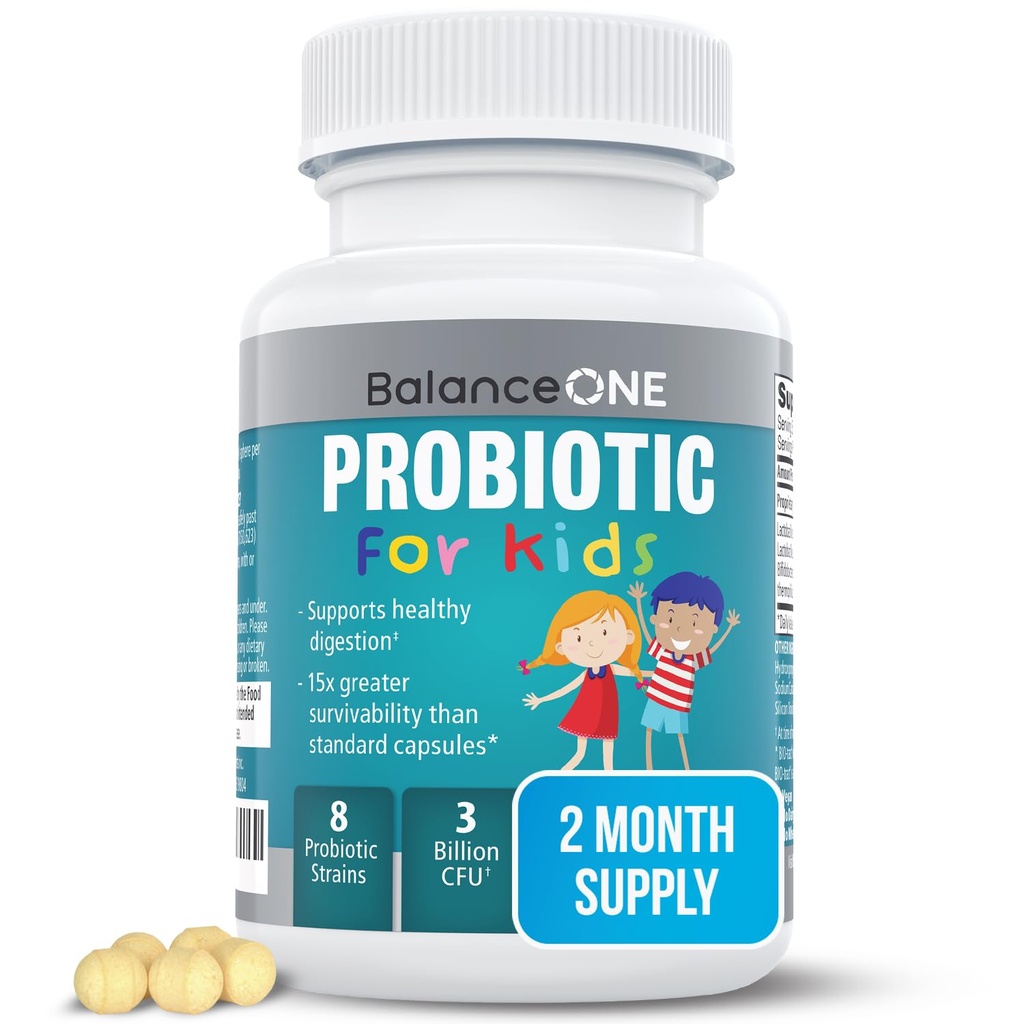 Balance ONE Time-Release Kids Probiotic – Bis zu 15x Bessere Überlebensfähigkeit – 3 Billion CFU – Gut & Verdauungsunterstützung für Kinder – Zuckerfrei, einfach zu schlucken, 2 Monate Versorgung