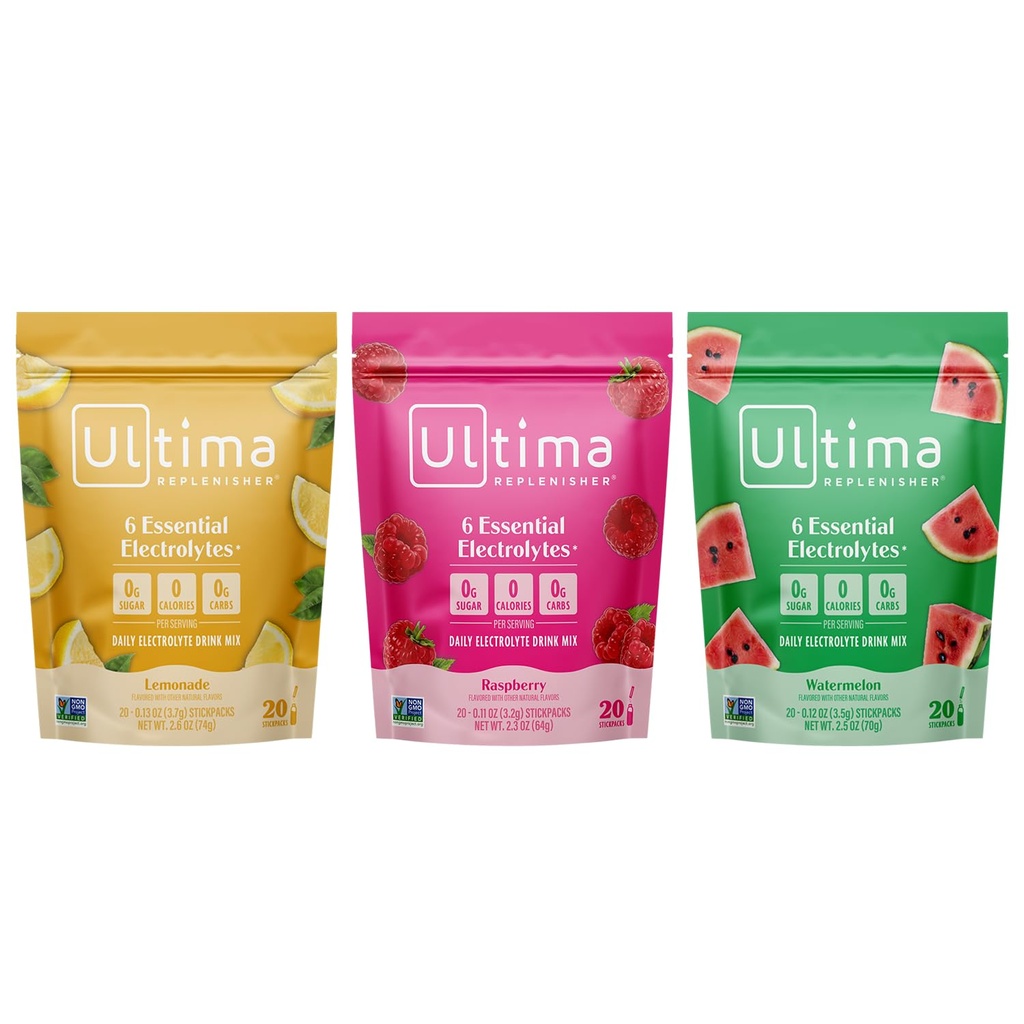 Ultima Replenisher Electrolyte Powder Drink Mix Bundle – Sugar Free – Lemonade und Raspberry und Watermelon, 20 Stickpacks – 6 Elektrolyte und Mineralien – Keto Friendly, Vegan, Non-GMO