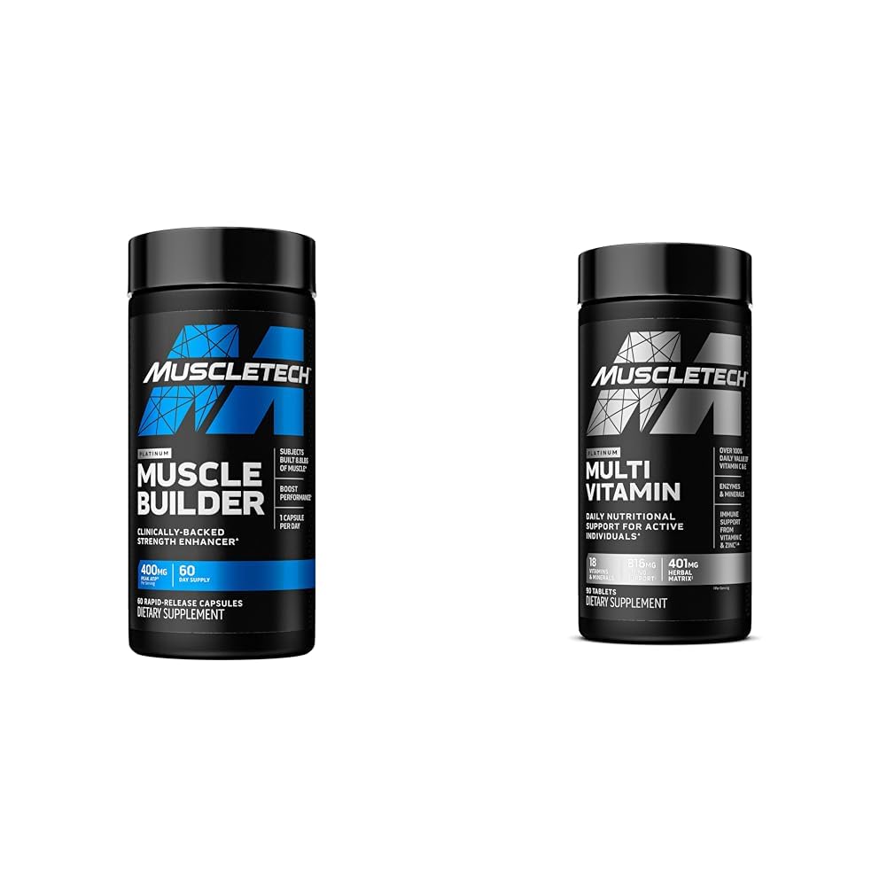 MuscleTech Muscle Builder with 400mg Peak ATP and Platinum Multivitamin with Amino Support Matrix and Vitamin C - Muscle Building and Immune Support Supplement Bundle for Men and Women