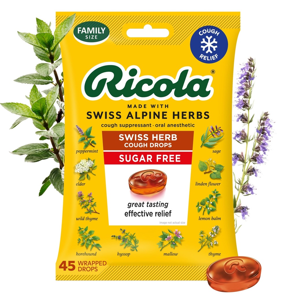 Ricola Sugar Free Swiss Herb Cough Drops, 45 Count, Cough Suppressant & Throat Relieving Drops mit natürlich Sourced Menthol, angenehmen Geschmack für Husten & Throat Irritation Symptome Relief