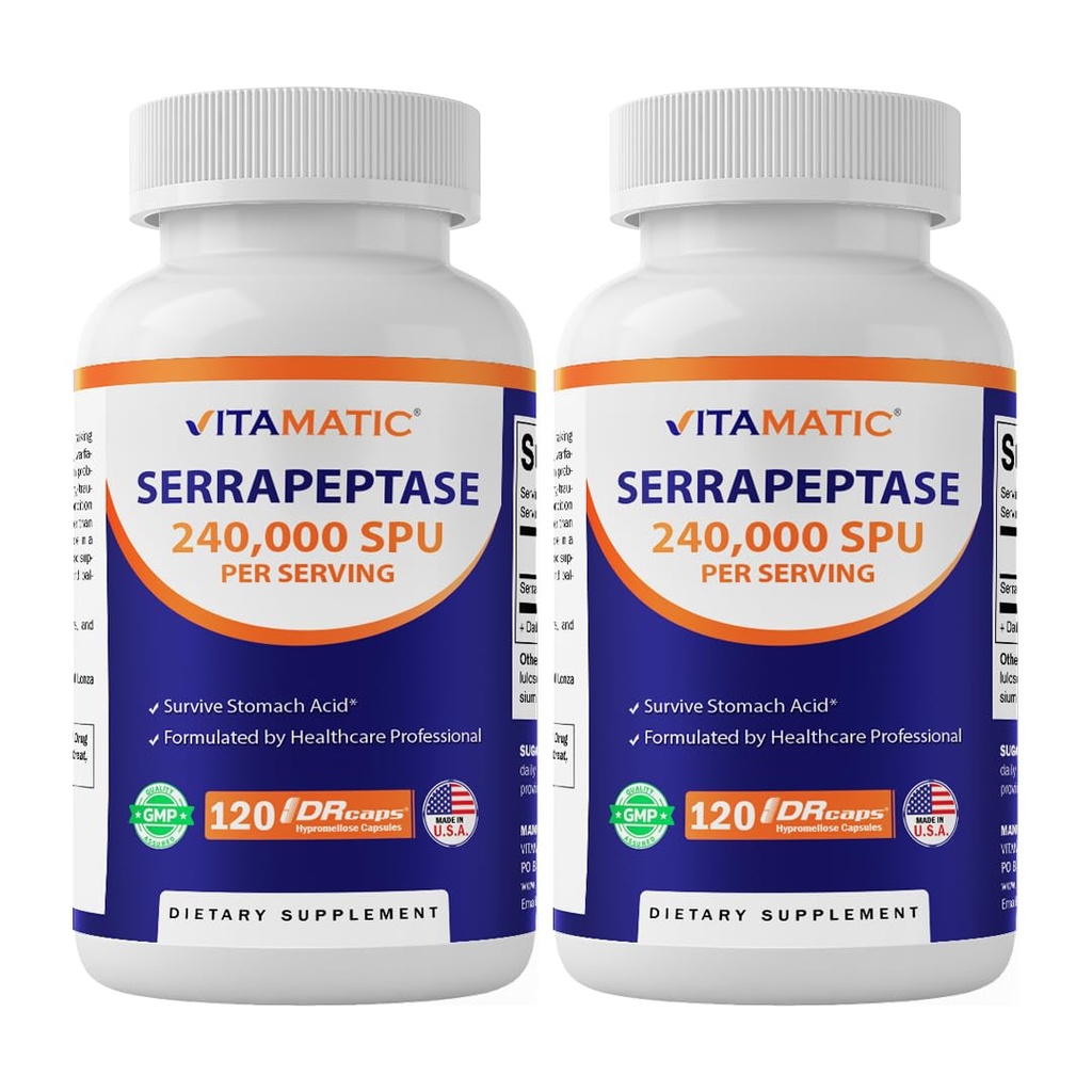 Vitamatic Serrapeptase 240.000 SPU Servierungen, 120 Delayed Released Capsules - Enteric Coated - Non-GMO- Made in The USA (120 Count (Pack of 2))