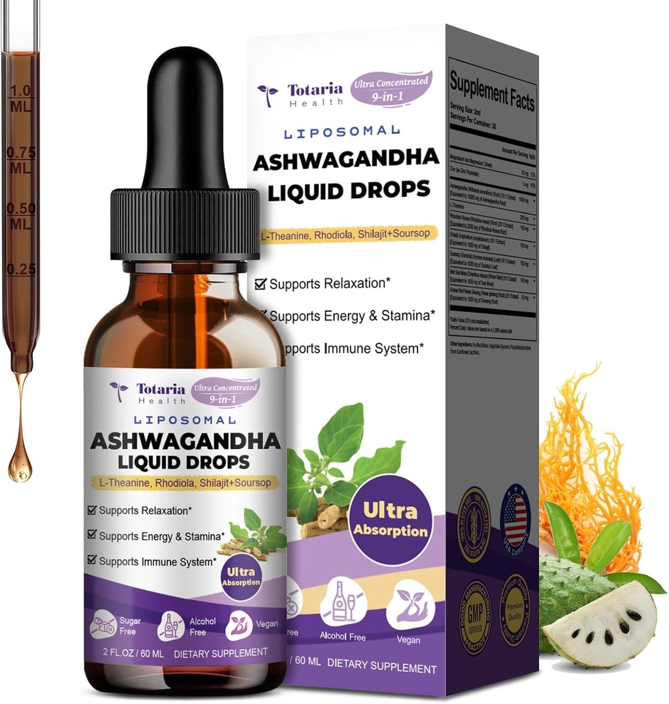 Totaria Liposomal Ashwagandha Liquid Drops, Ultra Strength Ashwa Root Extract Supplement mit Shilajit, Ginseng, Magnesium, Soursop, L-Theanin, 60ml