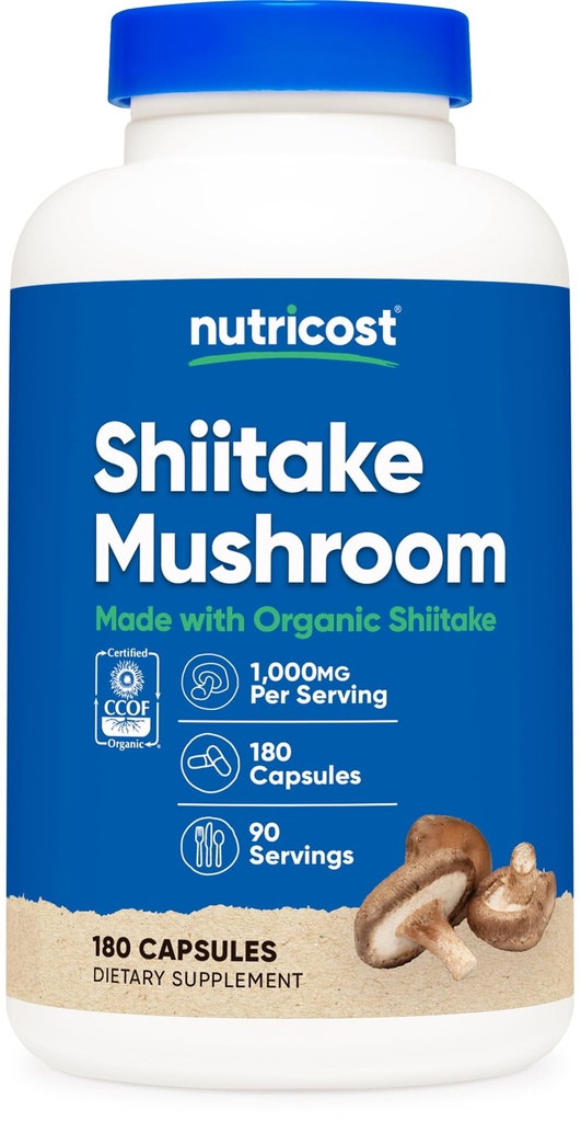 Nutricost Organic Shiitake Mushroom Capsules 1000mg, 90 Servierungen - CCOF Certified Made with Organic, Vegetarian, Gluten Free, 500mg Per Capsule, 180 Kapseln