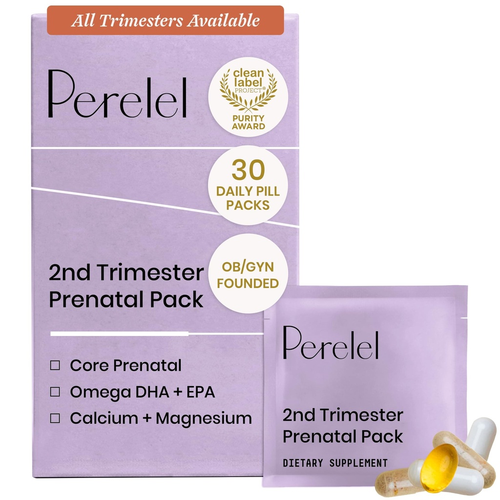 Perelel 2. Trimester Prenatal Pack, Multivitamin mit Magnesium, Omega 3, Eisen & Calcium, Ernährungsunterstützung für Second Trimester Wellness, Soy & Gluten Free, Non GMO, 30 Daily Pill Packs