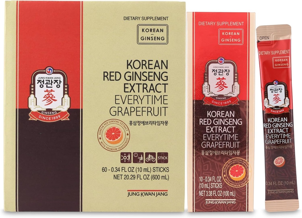 JUNG KWAN JANG Korean Red Ginseng Extract Everytime Grapefruit 1000mg | Ginseng Supplement, Enegy Supplement, Korean Food | Caffeine Free, Glutenfrei, Boost Energy, Antioxidant | 60 Count
