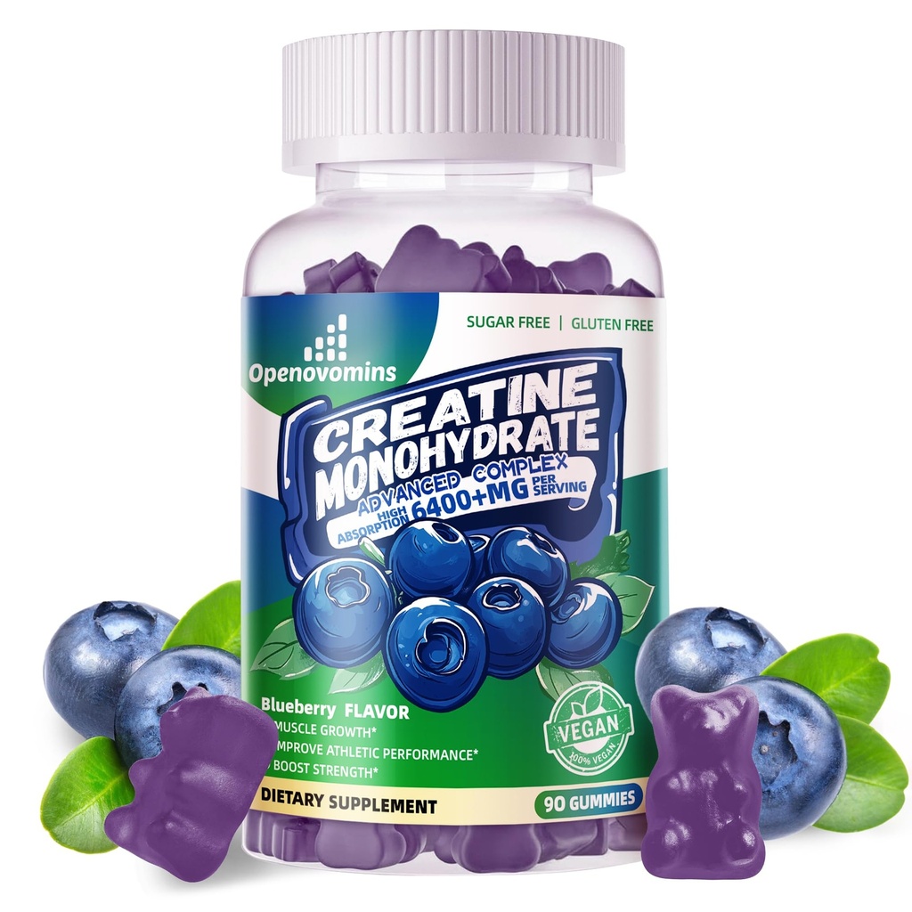 Creatine Monohydrate Gummies Complex für Männer & Frauen - Fortgeschrittene Formel W/L-Taurine + Vitamin B12, Sugar Free Chewable Supplement,90 Blueberry Gummies