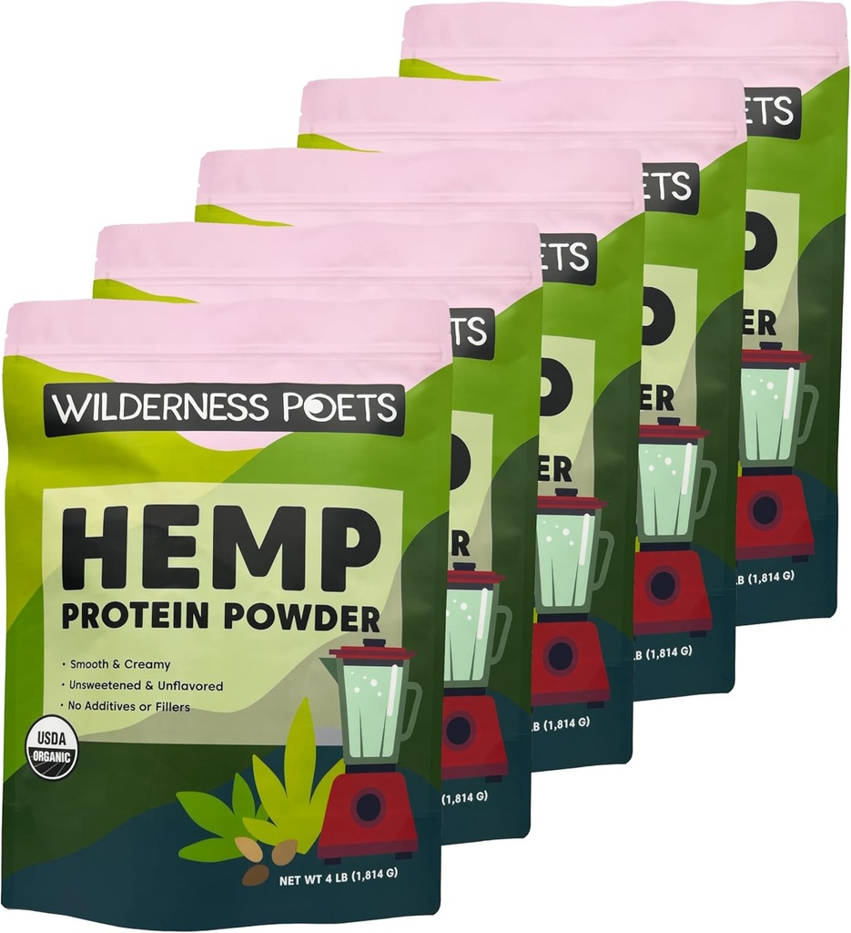 Wilderness Poets, Organic Hemp Protein Powder - Vegan, Kalt-Pressed, Pflanzenbasiertes Protein - 4 Pfund (Pack von 5)
