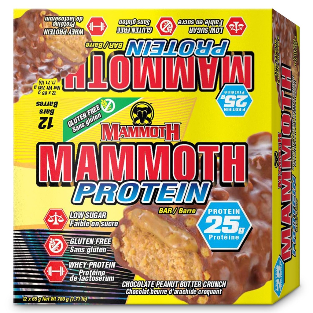 MAMMOTH Protein Bar, Chocolate Peanut Butter Crunch, 25g Protein, Low Sugar, Low Carb, Glutenfrei, 12 x 65g (12 Count) (Chocolate Peanut Butter Crunch) (12 Count, Chocolate Peanut Butter Crunch)
