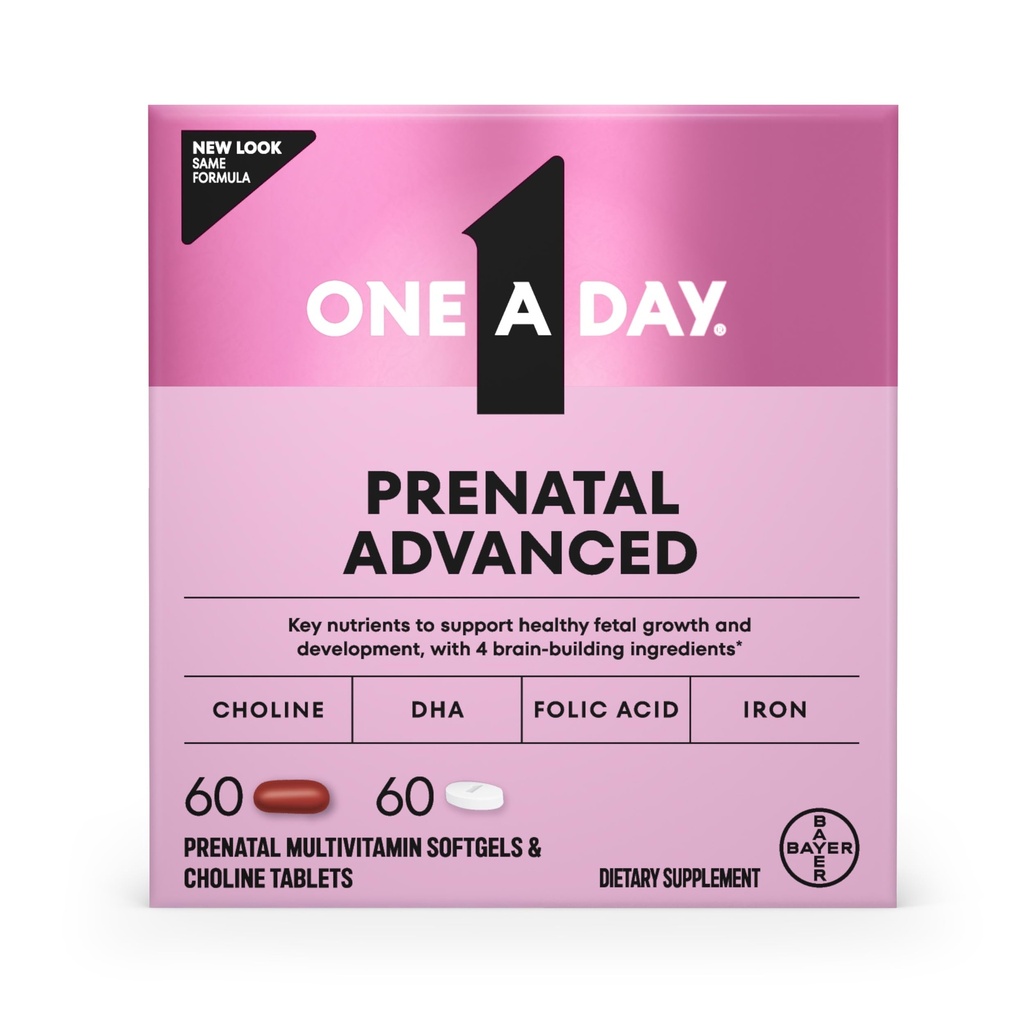 Un jour Prénatal Vitamines prénatales avancées avec acide folique, Choline, DHA et fer, Vitamines de grossesse pour les femmes à l'appui du développement de bébé, 60+60 Ct (120 Ensemble total) (Packaging May Vary)