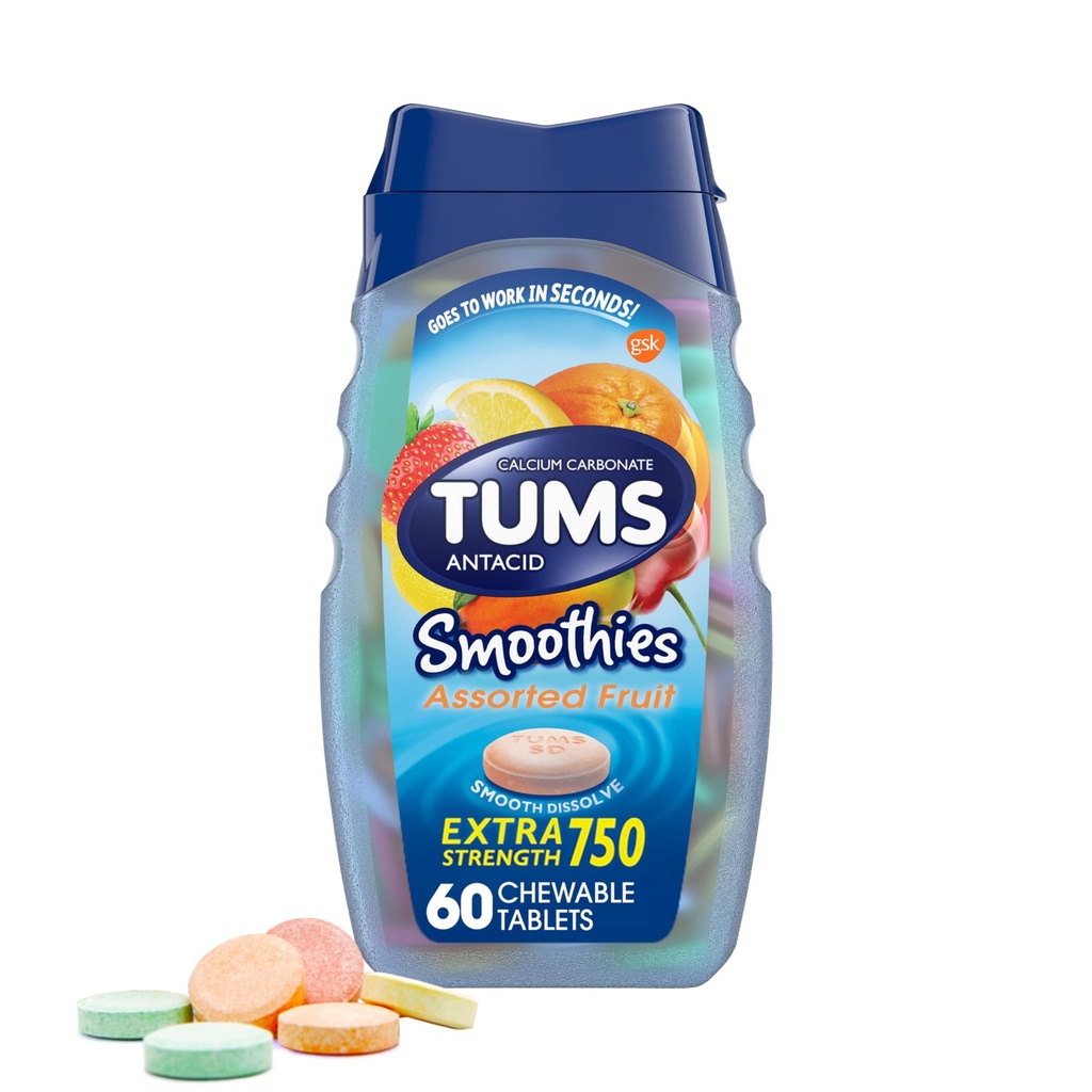 TUMS smoothies extra-fort antiacide comprimés à croquer pour le soulagement des brûlures d'estomac, fruits assortis - 60 Compte (paquet de 1)
