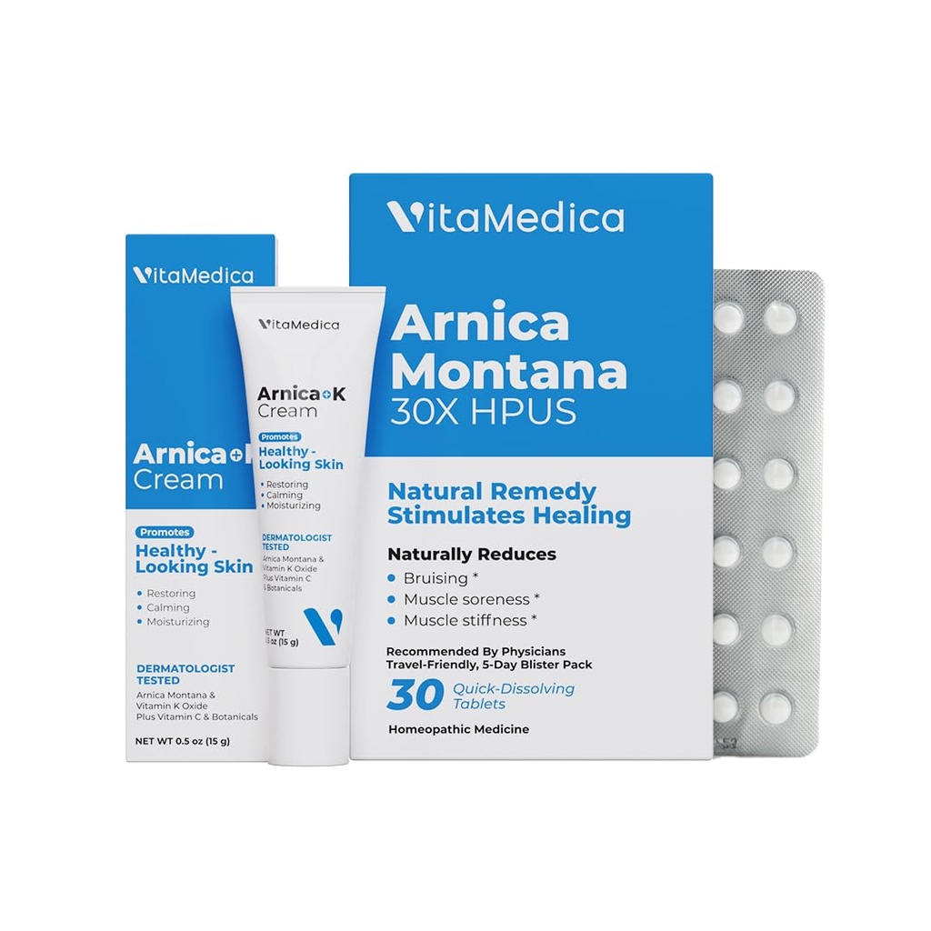 VitaMedica | Arnica Filler Kit Bundle | Arnica Montana 30X Blister Pack + Arnica & Vitamin K Themencreme | Vitamin K Themencreme | Erweicht, Beruhigt, Feuchtigkeit, & Restaurationen Bruised Skin | Erholung