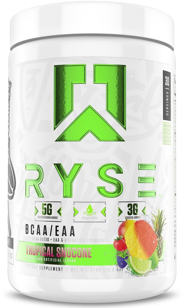 RYSE BCAA EAA Pulver - Tropical Snocone - 5g verzweigte Kette Aminosäuren, 3g Essential Aminos, Sugar-Free Elektrolyte für Pre & Post Workout Muskel Erholung, Hydration und Stärke - 30 Servierungen
