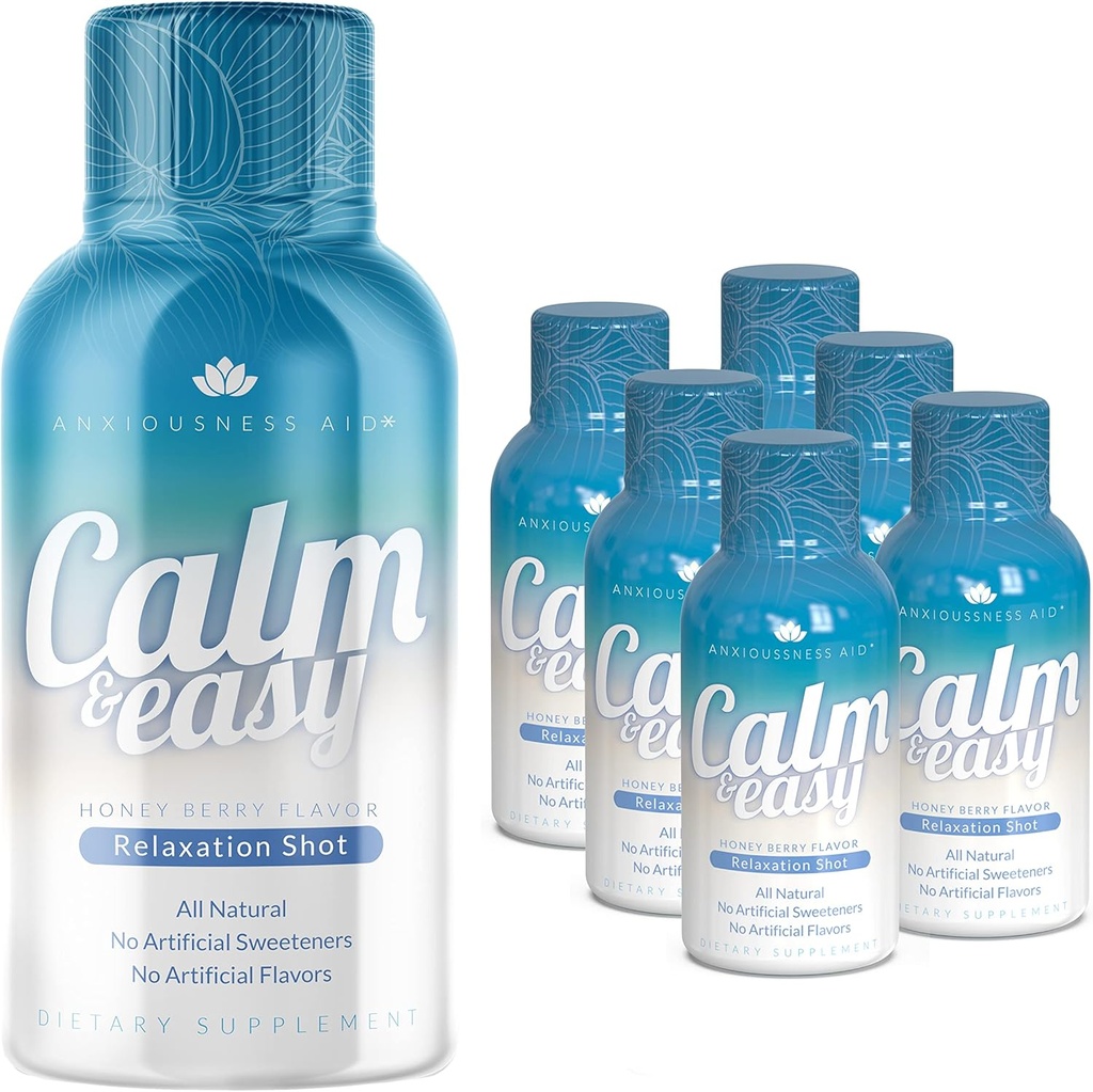 Calm & Easy - Natural Stress Relief Shot, KSM-66 Ashwagandha, Suntheanine L Theanine, Calming Adaptogen Drink, Entspannung, Fokus und Stimmung | 2 oz Liquid Bottle (6 Pack)