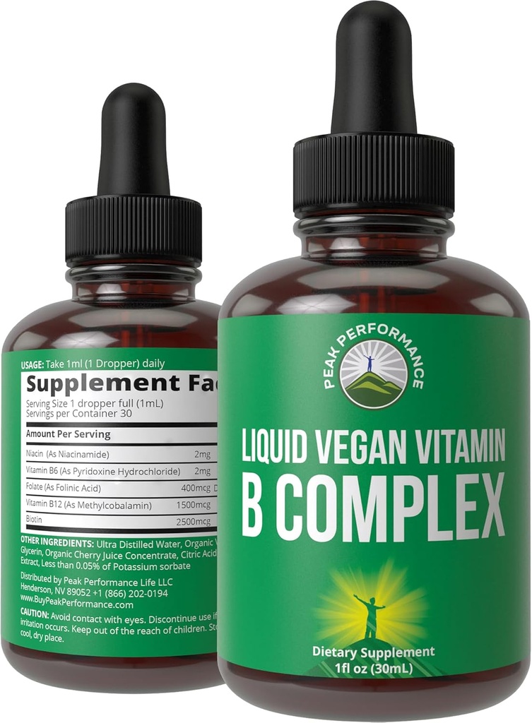 B Complex Liquid Drops Vegan Ergänzung. Beste 5 B Vitamine mit B3 Niacin, B6, B7 Biotin, B9 Folate, Methylcobalamin B12. B-Komplex für Haar, Hautnnägel, Energie. Für Erwachsene, Männer, Frauen