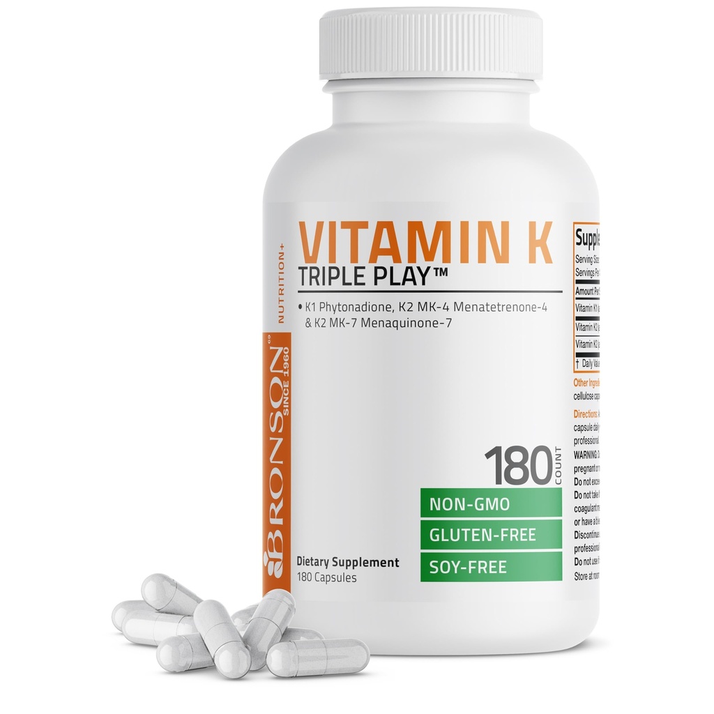 Vitamine K Triple Play (Vitamine K2 MK7 / Vitamine K2 MK4 / Vitamine K1) Supplément complexe de vitamine K, 180 capsules