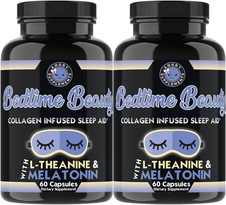 Beauté au coucher, collagène infusée d'aide au sommeil de nuit, toutes les pilules naturelles avec L-Theanine, Melatonine, Magnésium et Acide Hyaluronique par Suppléments Angry (2-Bottles)