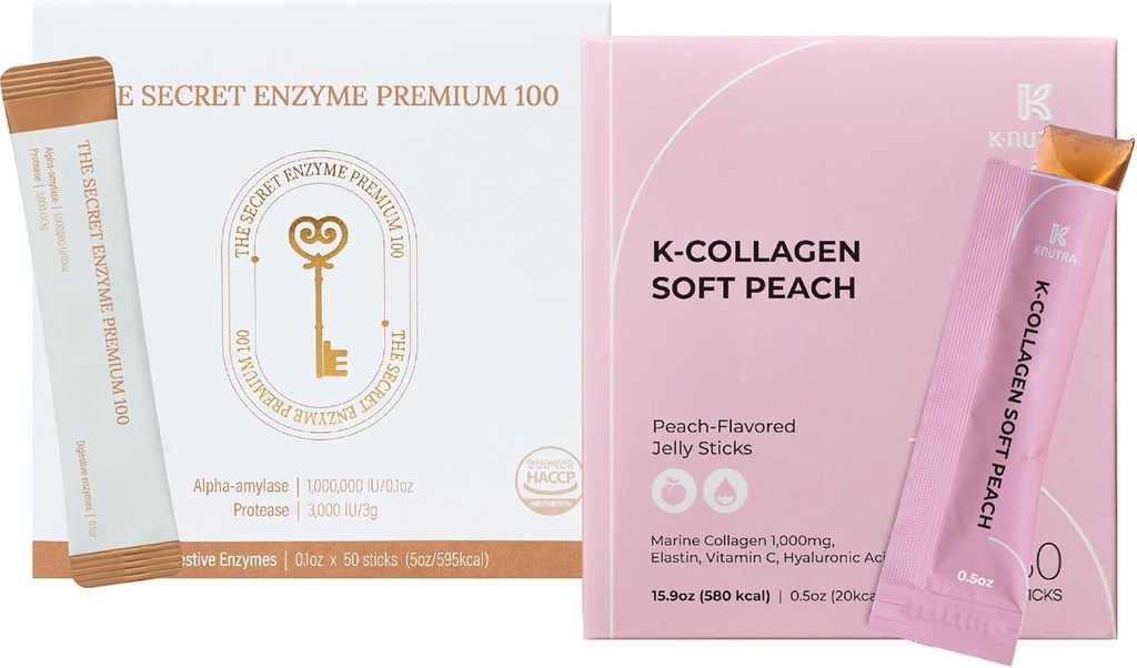 The Secret Enzyme Premium 100 (50 Sticks) & K-Collagen Soft Peach Collagen Jelly (30 Sticks) für Verdauungsgesundheit, Hautgesundheit