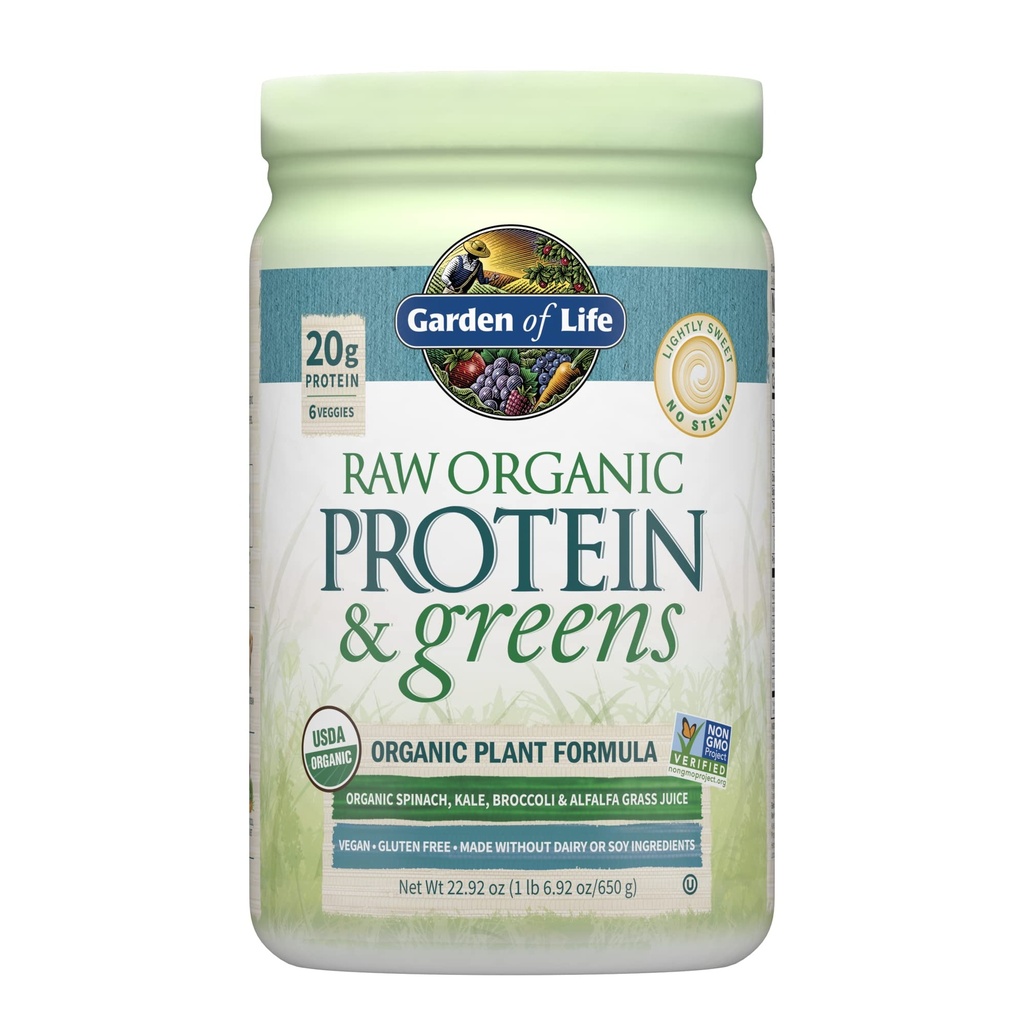 Garten des Lebens Raw Bio-Protein & Grüns Leicht süß, Vegan-Protein-Pulver für Frauen und Männer, Pflanzen- und Erbsenprotein, Grüns, Probiotika, Gluten Free Low Carb Shake Made without Dairy 20 Servings
