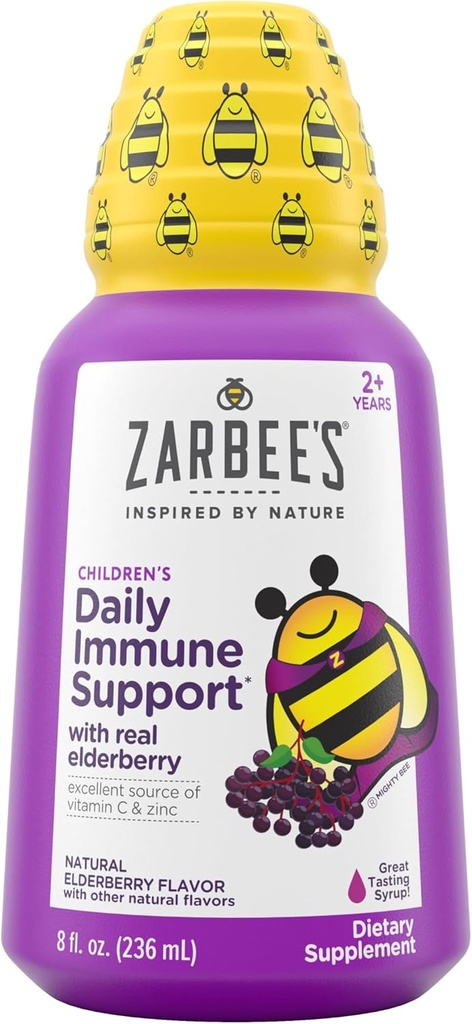 Zarbee's Elderberry Syrup für Kinder, Tägliche Immununterstützung mit Vitamin C & Zink, Kinder Liquid Supplement, Natürliche Berry Flavor, 8 fl oz