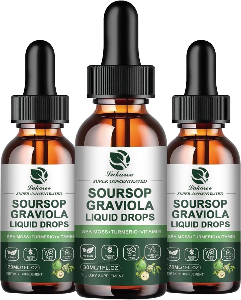(3 Pack) Soursop Graviola Blatt Extrakt Flüssigkeit Tropfen Plus reine Botanische Meer Moos für Zellunterstützung & Regeneration, Immunität, Leber, Gut & Antioxidans - Soursop Bitters Liquid, 90 Tage Versorgung, 1 Fl Oz
