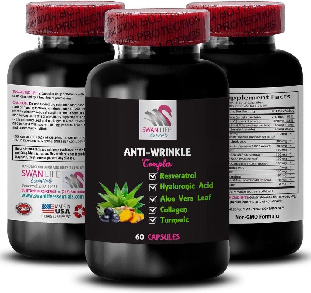 Soutien à l'acide lipoïque alpha - COMPLEXE ANTI-WRINKLE - Aloe Vera Leaf Benefits, Collagen Boost, Extrait de feuille de thé vert, Puissance des graines de raisin, Avantages du café vert, Acide hyaluronique 1 bouteille 60 capsules