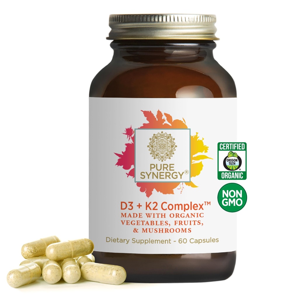 PURE SYNERGY D3 + K2 Complex | Vegan Vitamin D3 K2 Complex | Organic D3 Supplement mit Vitamin K2 und K1 Plus Bio Ganze Lebensmittel | Unterstützt Knochen, Gehirn und Immune Gesundheit (60 Kapseln)