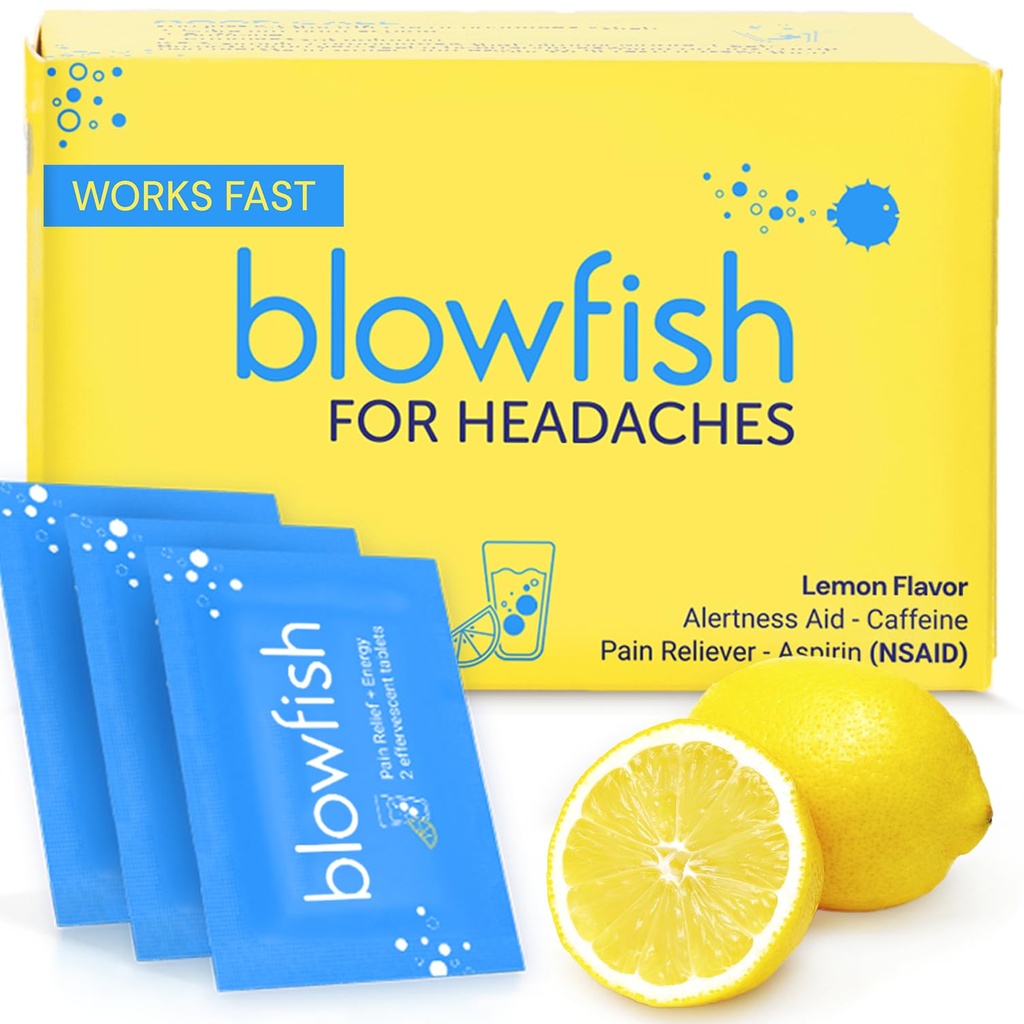Blowfish for Headaches | Maximum Strength Effervescent Pain Relief Tablets – Treats Headaches Fast, 2X Faster Than Pills – Lemon Flavor (1 Pack)