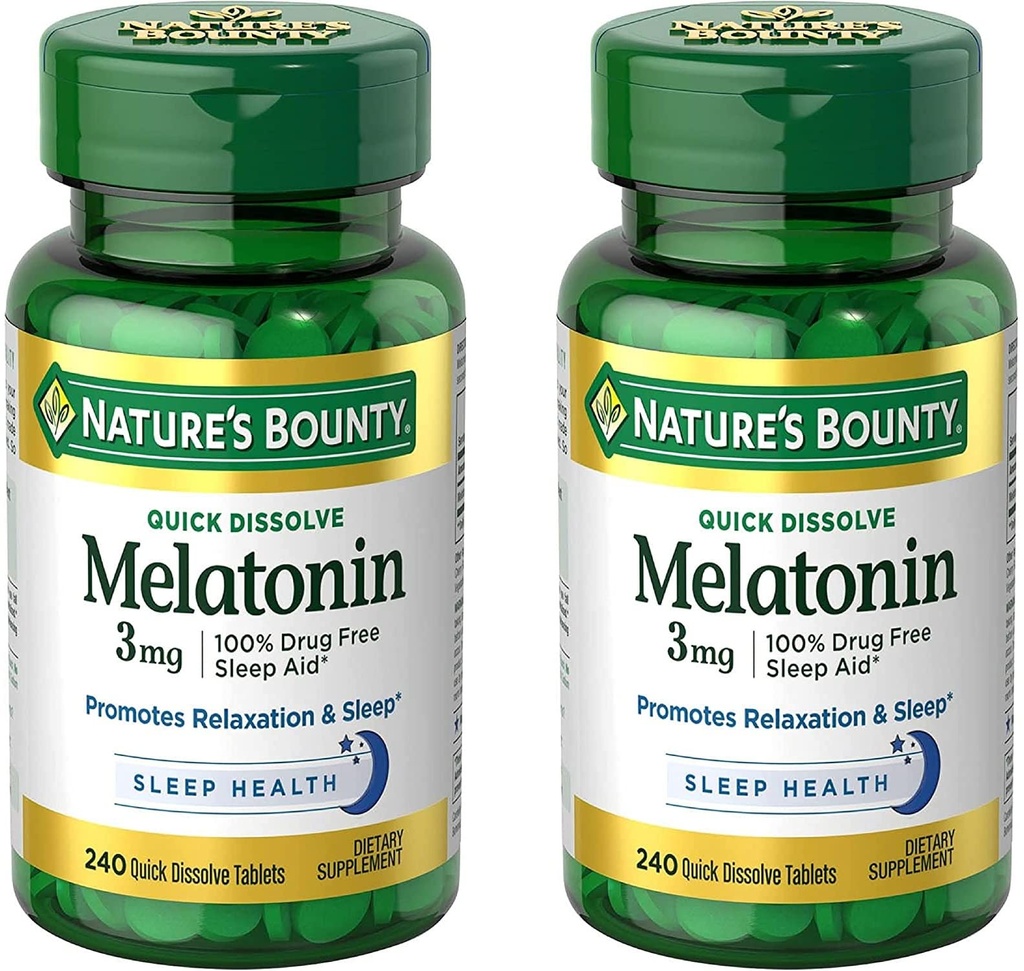 Nature's Bounty Melatonin 3mg, 100% Drug Free Sleep Aids für Erwachsene, unterstützt Entspannung und Schlaf, Nahrungsergänzung, 240 Count (Pack von 2)