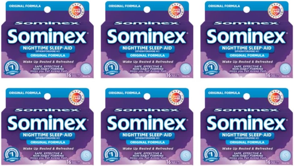 Sominex Nighttime Sleep-Aid mit Diphenhydramin HCl 25 mg, Original Formel, 16 Tabletten, (Pack von 6)