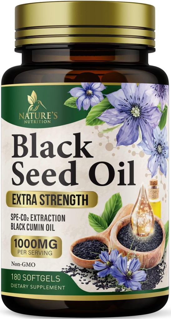 Black Seed Oil Softgels 1000mg - Premium Nigella Sativa Blackseed, Pure Natural Black Cumin Seed Oil & Antioxidant für Haut und Immununterstützung - Non GMO, Bottled in USA Supplement - 180 Softgels