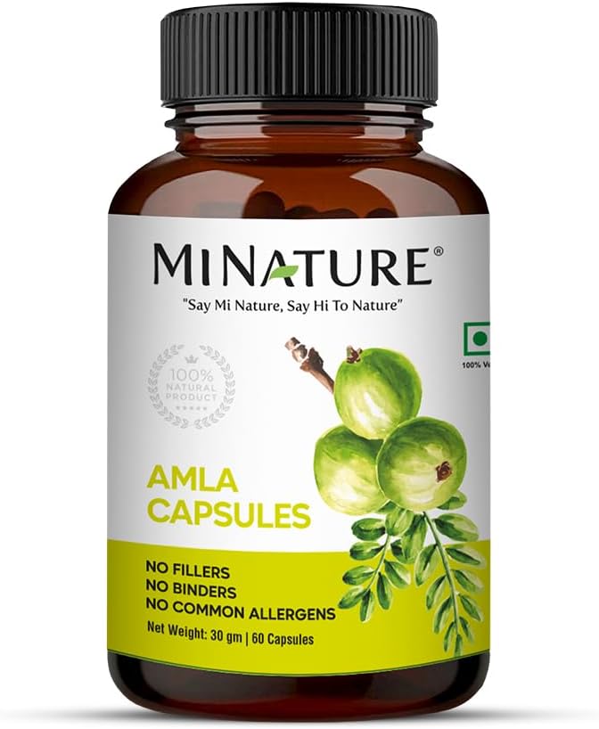 Amla Capsules (Amla Fruit Powder Capsules) von mi Nature|Amalaki Fruit, Indian Gooseberry | 60 Vag Capsules, 500mg 1 Monat Versorgung | Pure & Natural | Raw, Vegan, Gluten-Free| Made in India
