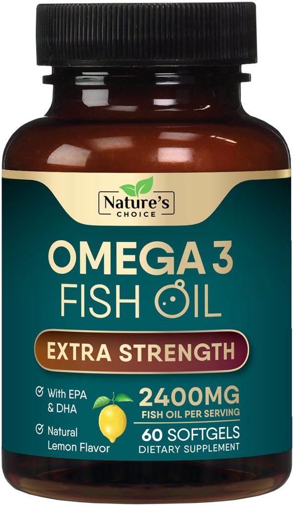 Omega 3 Supplément à l'huile de poisson 2400 mg - Triple Strength EPA & DHA Huile de poisson Omega 3, Supplément aux acides gras essentiels Softgels, Suppléments de soutien pour la santé du cerveau et du coeur, Non-OGM sans gluten, 60 Softgels