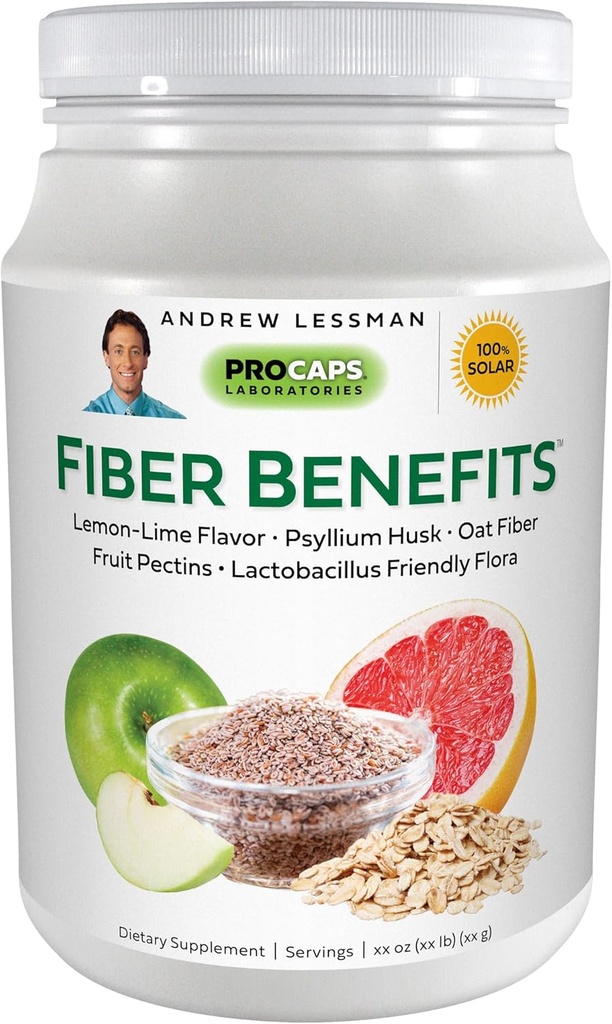 ANDREW LESSMAN Fiber Benefits Powder 60 Servierungen - Lemon-Lime, Sanfte, natürliche lösliche/unlösliche Faser, fördert Regularität, Reinigung. Psyllium Husk, Hafer, Apfel, Grapefruit, Guar Gum, Probiotika