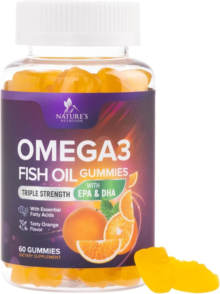 Omega 3 Fish Oil Gummis - Heart Health Support Omega 3 Gummy Supplement für Erwachsene & Kinder mit hoher Absorption DHA & EPA, Joint & Brain Support, Delicious Orange Flavor Fish Oil Vitamins, 60 Gummis